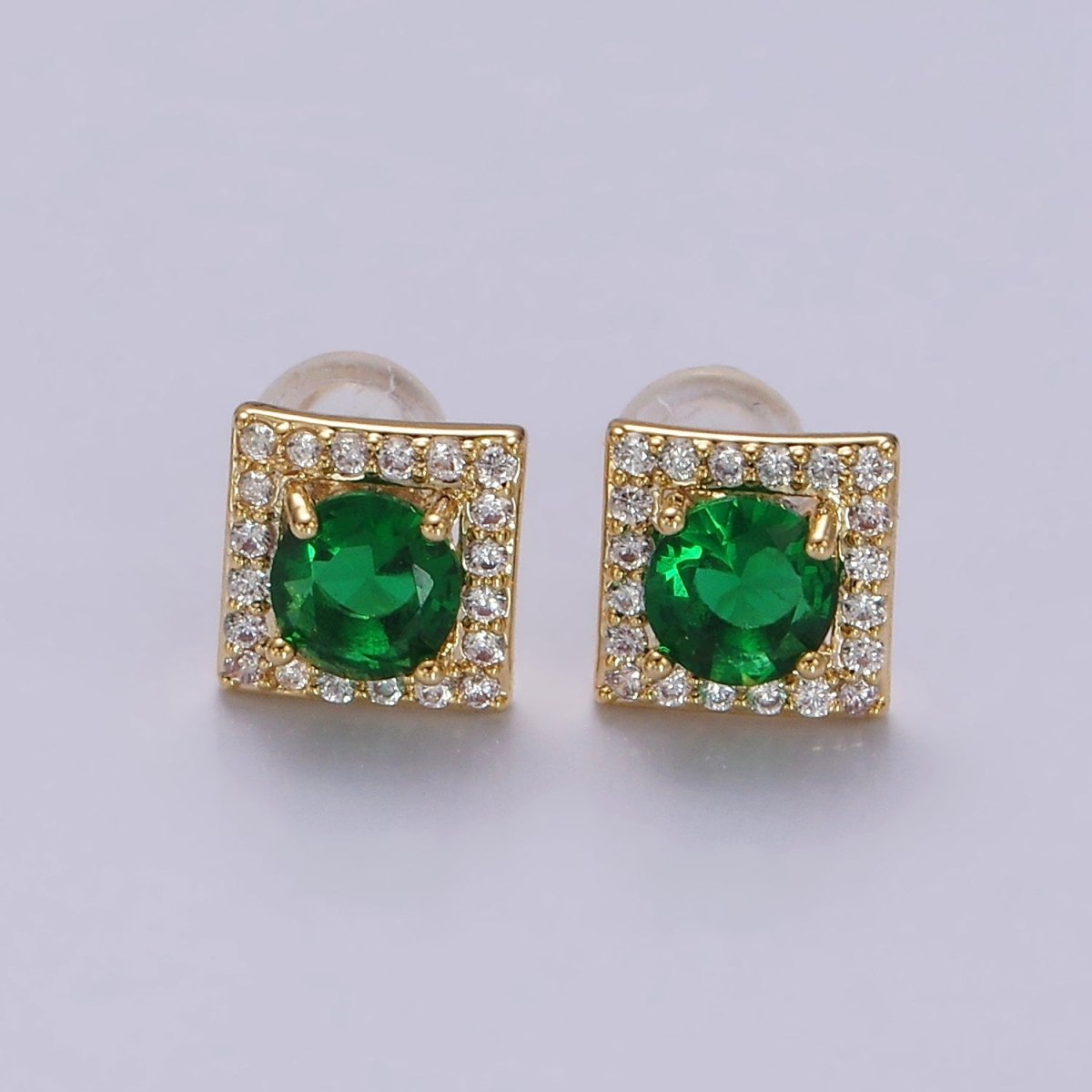 14K Gold Filled Green, Pink, Clear, Blue, Green CZ Micro Paved Square Stud Earrings in Gold & Silver | V320 - V329 - DLUXCA