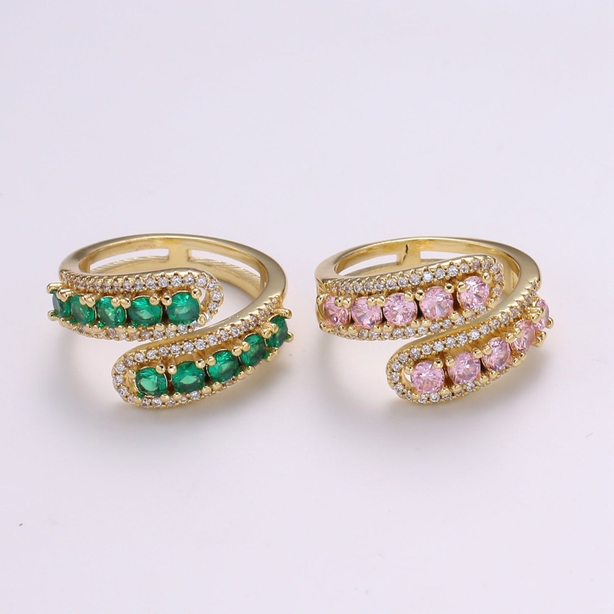 14K Gold Filled Green, Pink Round CZ Lined Micro Paved Double Band Wrap Ring | R496 R497 - DLUXCA
