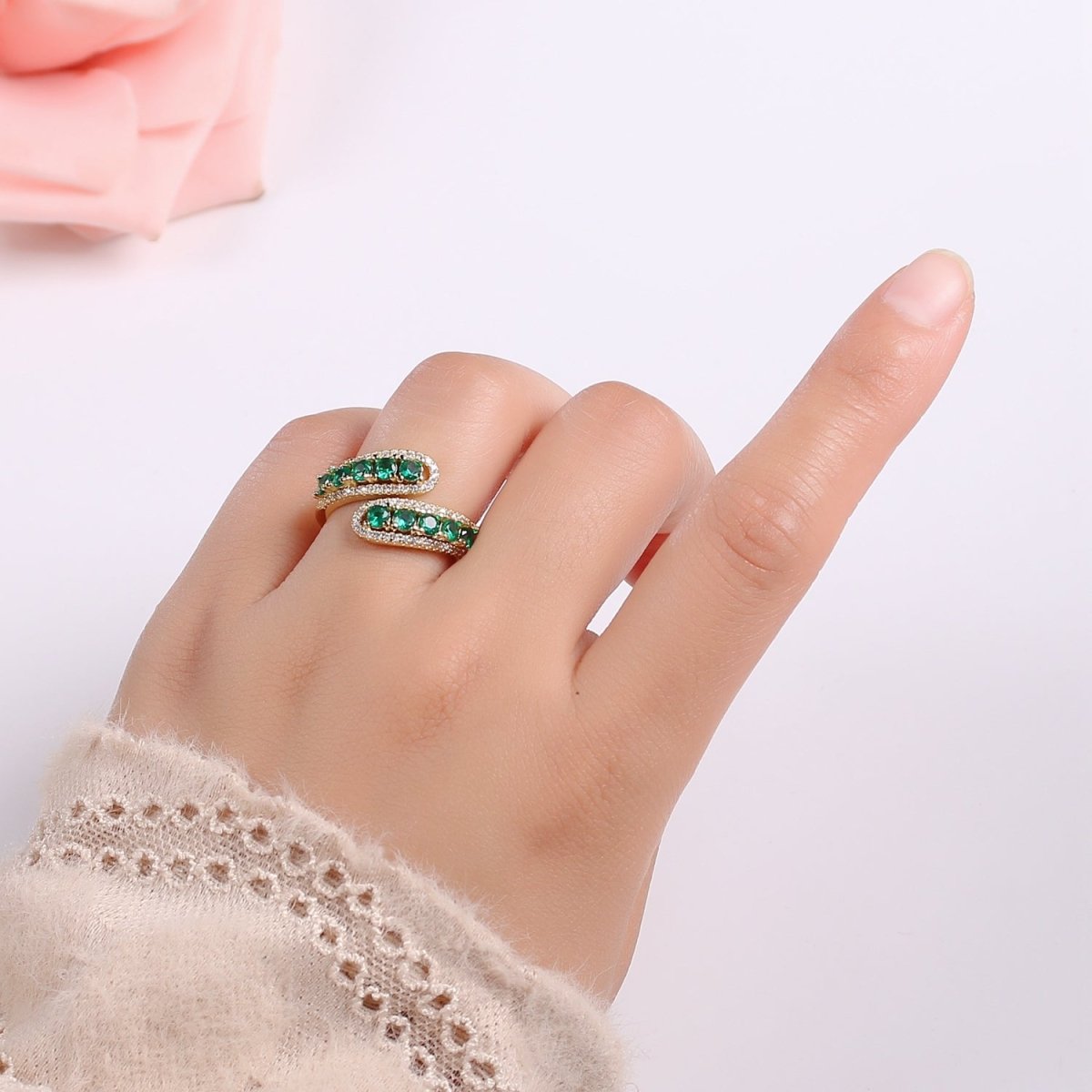 14K Gold Filled Green, Pink Round CZ Lined Micro Paved Double Band Wrap Ring | R496 R497 - DLUXCA