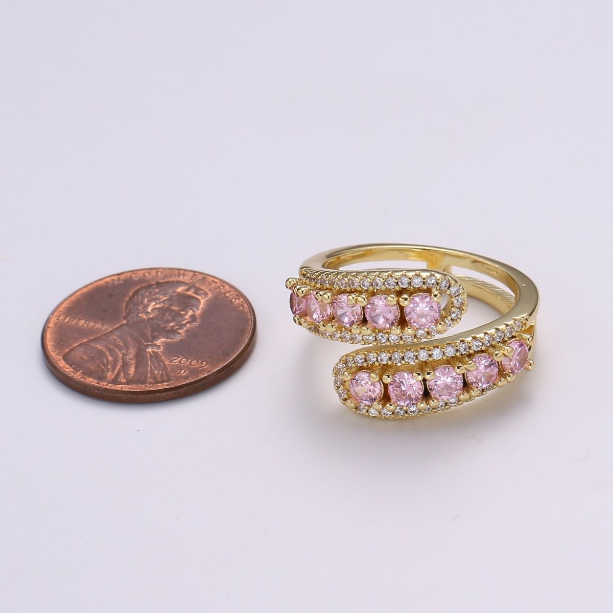 14K Gold Filled Green, Pink Round CZ Lined Micro Paved Double Band Wrap Ring | R496 R497 - DLUXCA