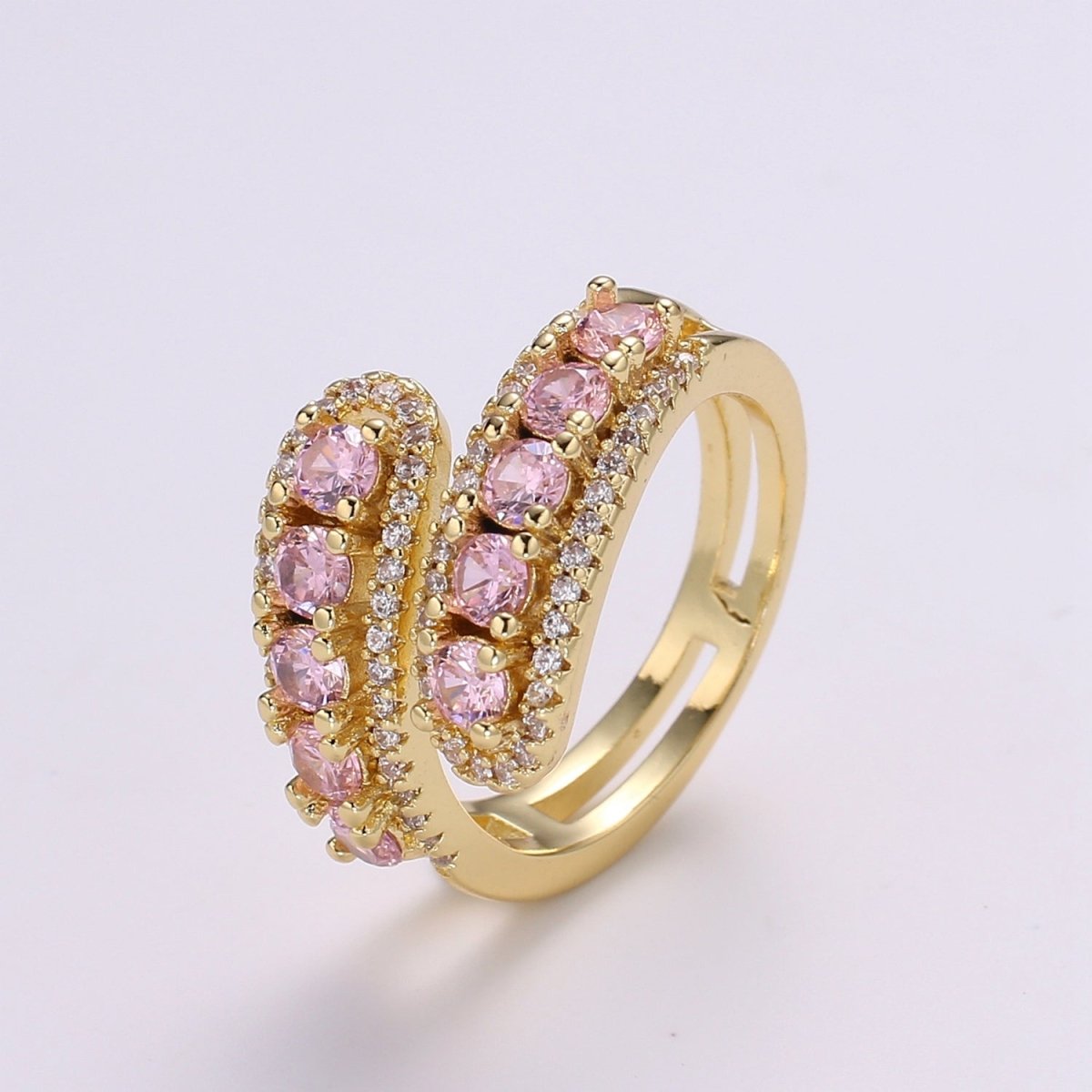 14K Gold Filled Green, Pink Round CZ Lined Micro Paved Double Band Wrap Ring | R496 R497 - DLUXCA