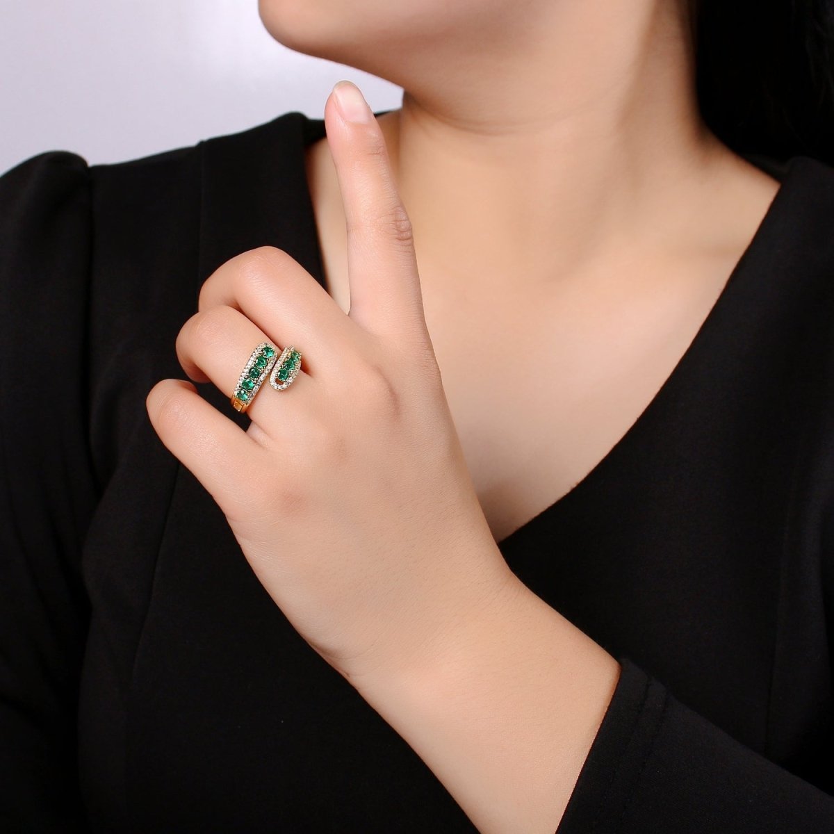 14K Gold Filled Green, Pink Round CZ Lined Micro Paved Double Band Wrap Ring | R496 R497 - DLUXCA