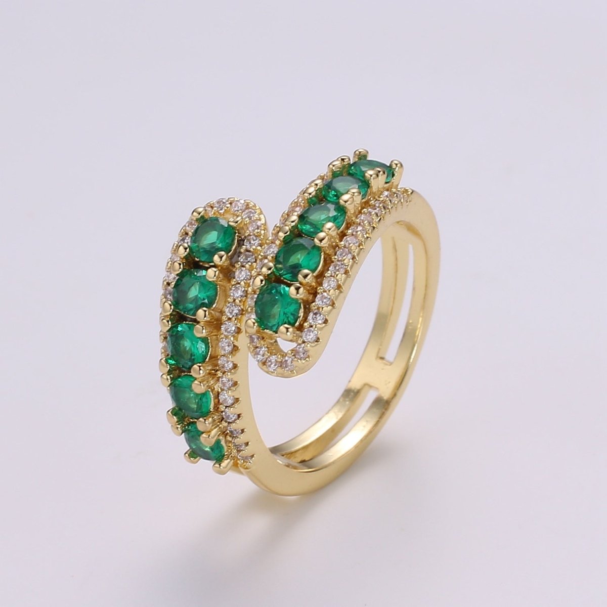 14K Gold Filled Green, Pink Round CZ Lined Micro Paved Double Band Wrap Ring | R496 R497 - DLUXCA