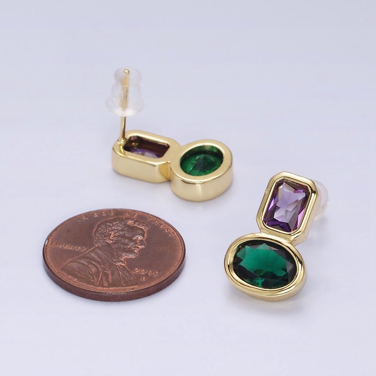 14K Gold Filled Green, Red CZ Oval Geometric Purple Baguette Stud Earrings | Y-914 Y-915 - DLUXCA