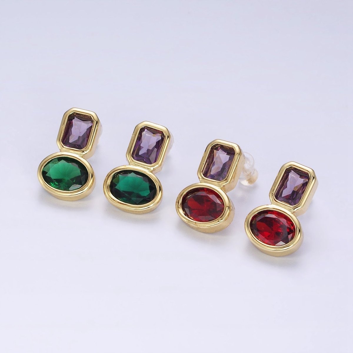 14K Gold Filled Green, Red CZ Oval Geometric Purple Baguette Stud Earrings | Y-914 Y-915 - DLUXCA