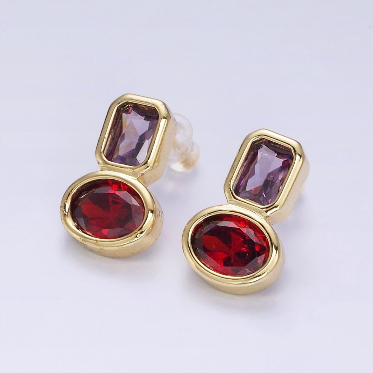 14K Gold Filled Green, Red CZ Oval Geometric Purple Baguette Stud Earrings | Y-914 Y-915 - DLUXCA