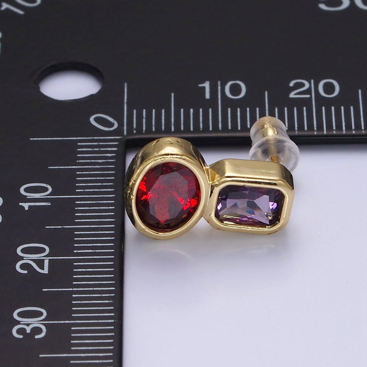 14K Gold Filled Green, Red CZ Oval Geometric Purple Baguette Stud Earrings | Y-914 Y-915 - DLUXCA