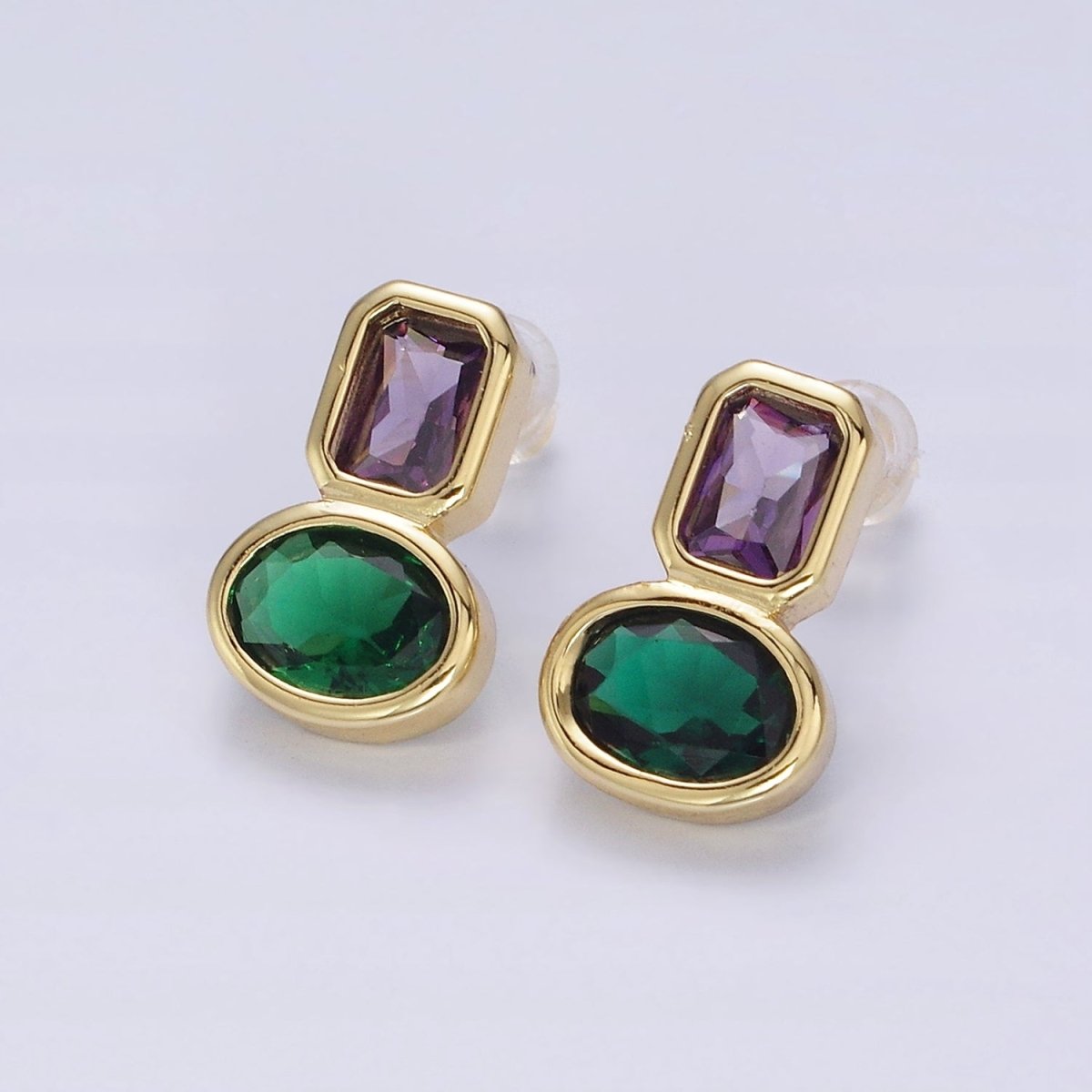 14K Gold Filled Green, Red CZ Oval Geometric Purple Baguette Stud Earrings | Y-914 Y-915 - DLUXCA