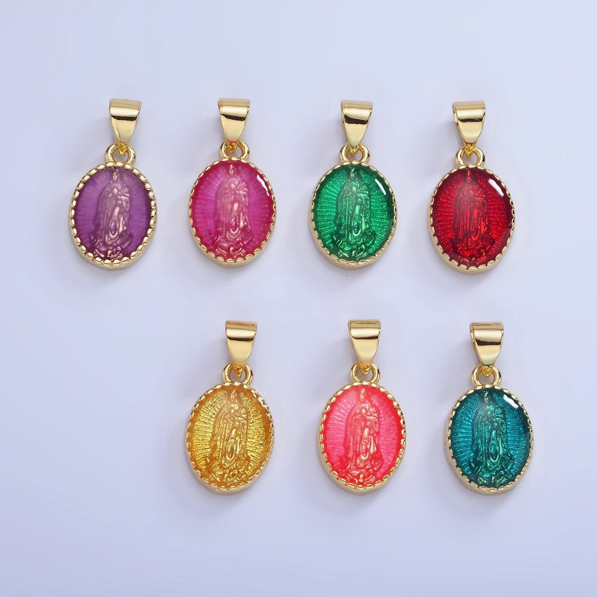 14K Gold Filled Green, Red, Pink, Purple, Teal, Yellow, Fuchsia Miraculous Lady Mary Pendant | AA1239 - AA1242 - DLUXCA
