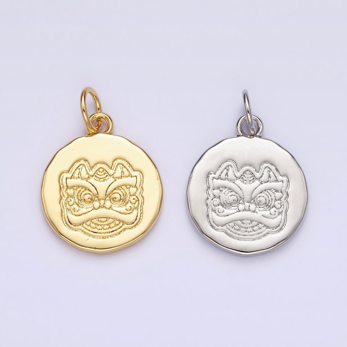 14K Gold Filled Guardian Lion Engraved Round Charm in Gold & Silver | N1515 N1516 - DLUXCA