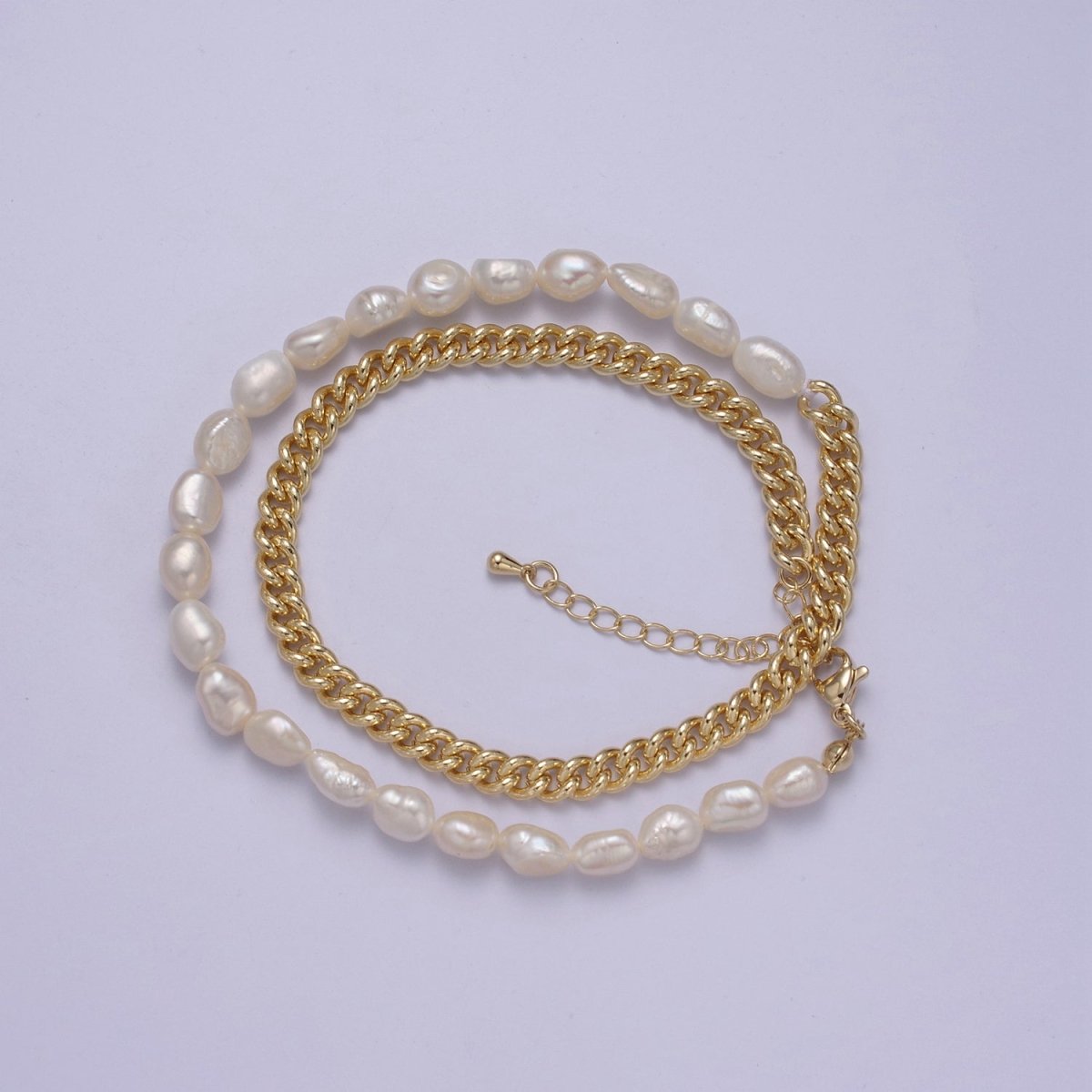 14K Gold Filled Half 5mm Freshwater Pearl Curb Chain 16 Inch Choker Necklace | WA-612 Clearance Pricing - DLUXCA