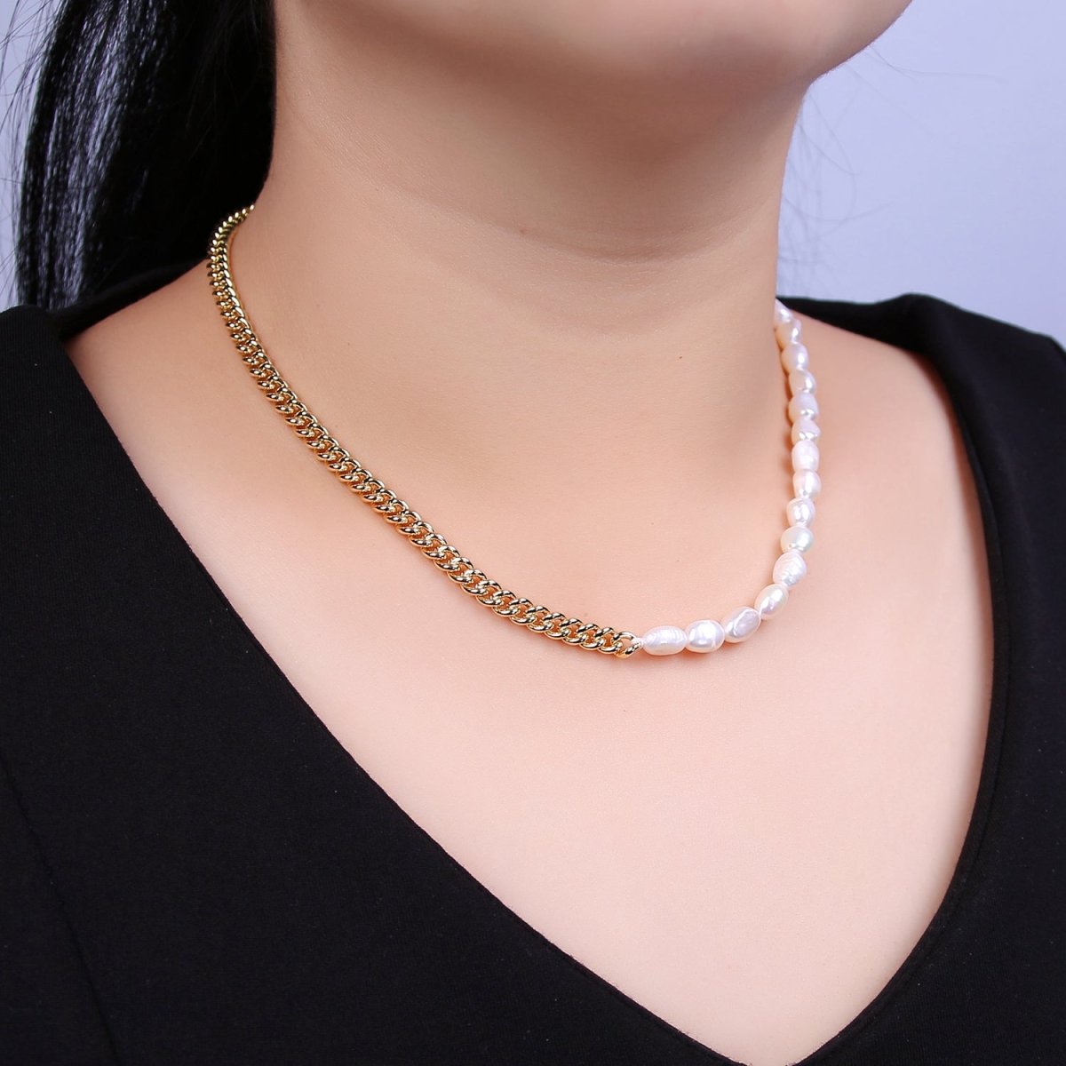 14K Gold Filled Half 5mm Freshwater Pearl Curb Chain 16 Inch Choker Necklace | WA-612 Clearance Pricing - DLUXCA