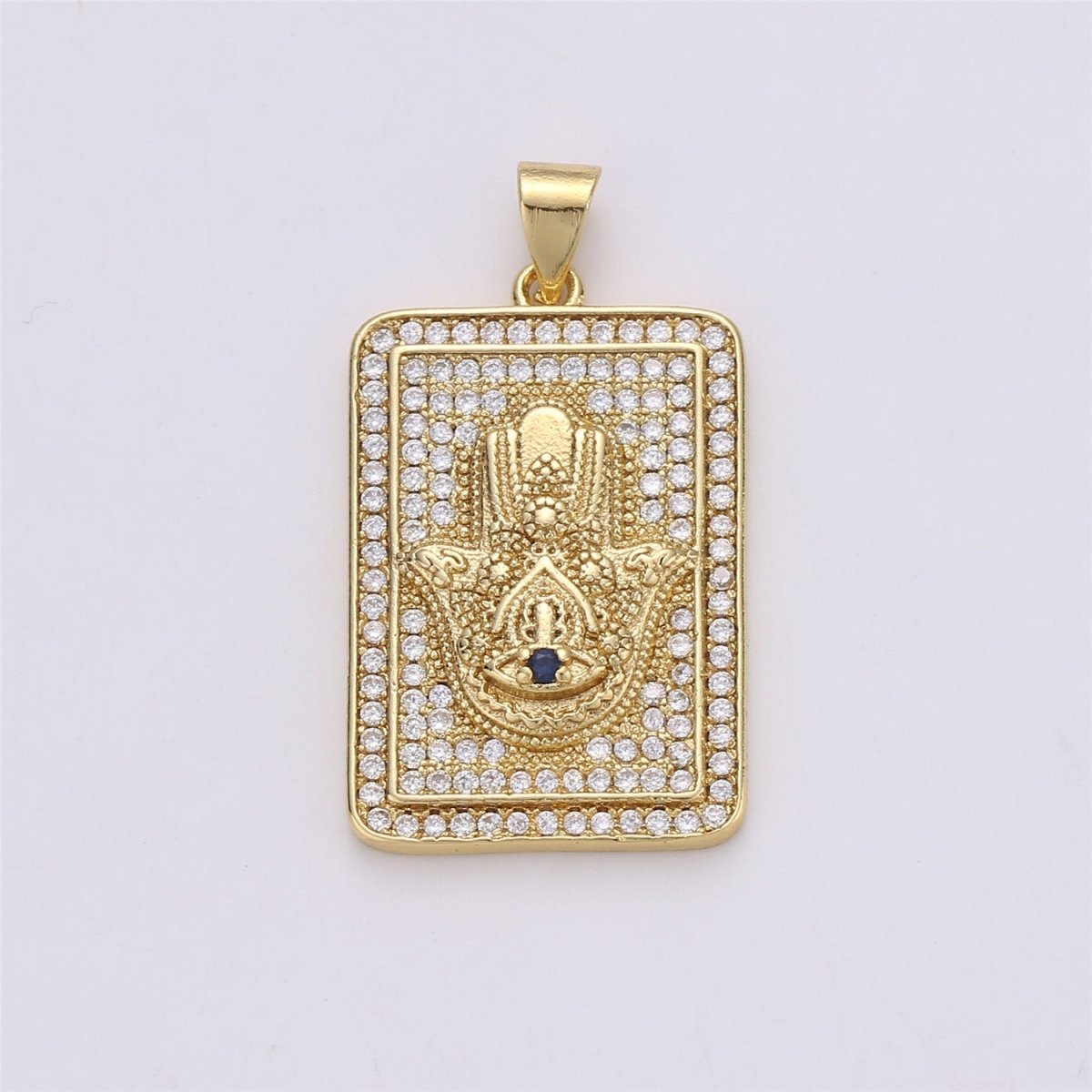 14k Gold Filled Hamsa Hand Charm with Micro Pave square tag CZ pendant for Protection Amulet Necklace Component I-615 - DLUXCA