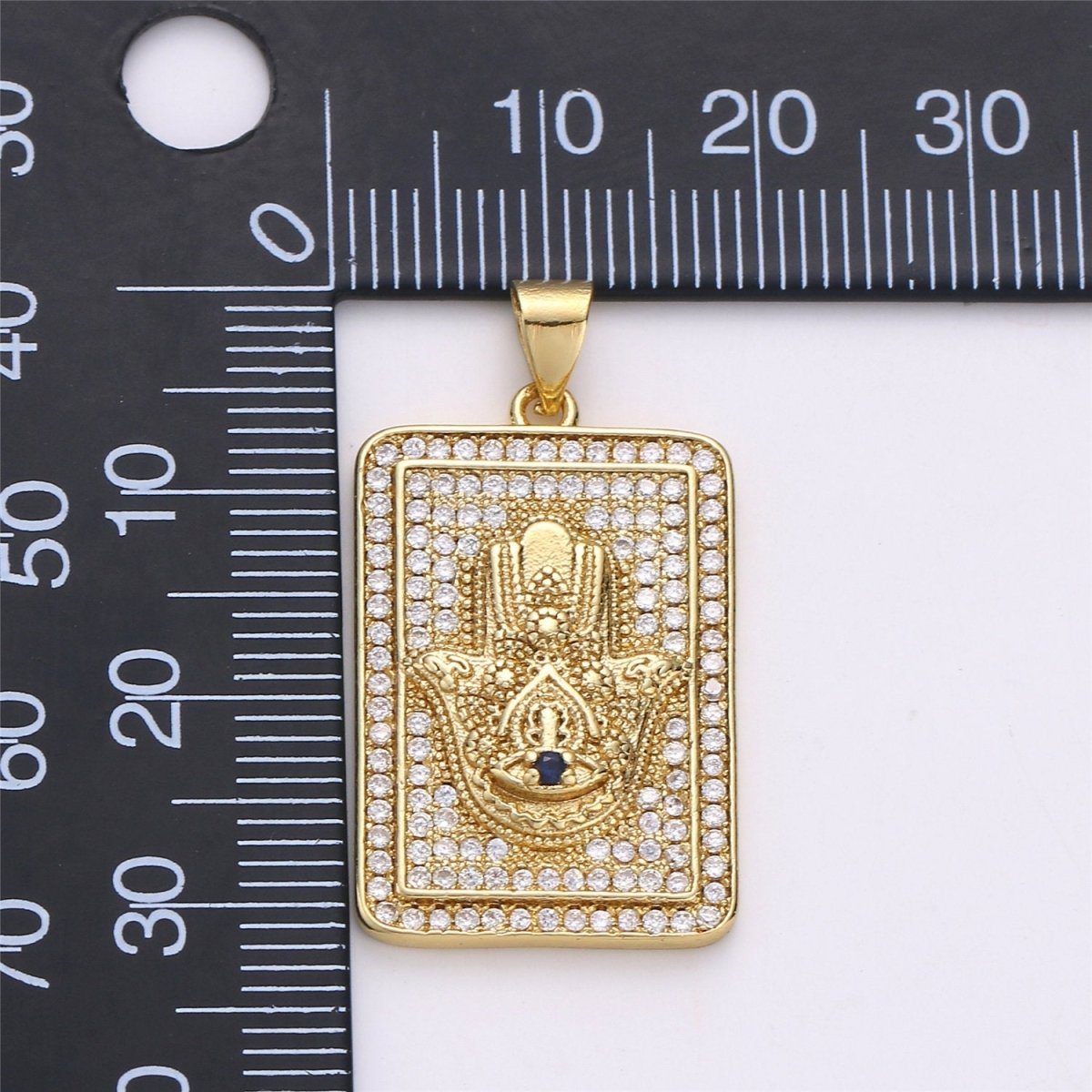 14k Gold Filled Hamsa Hand Charm with Micro Pave square tag CZ pendant for Protection Amulet Necklace Component I-615 - DLUXCA