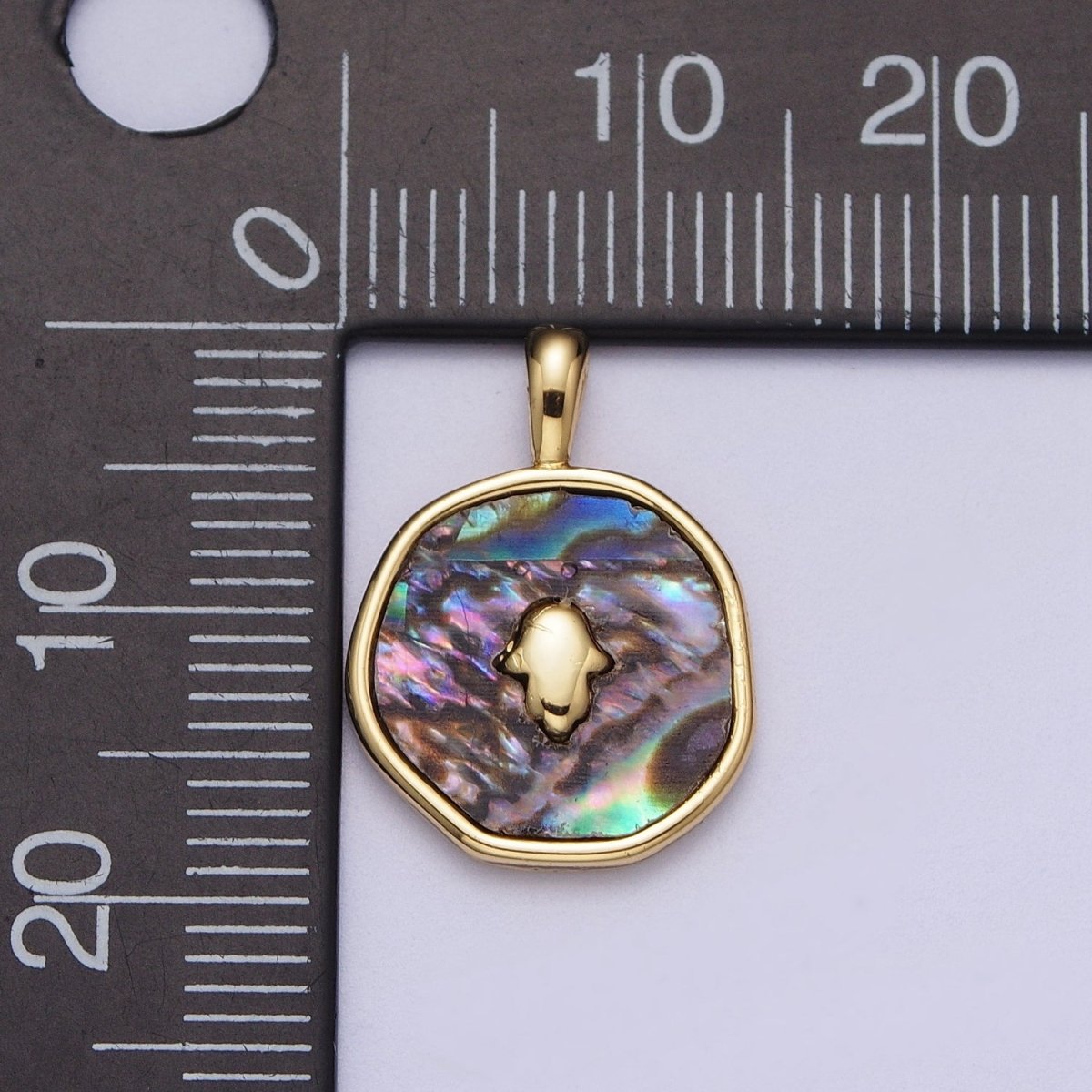 14K Gold Filled Hamsa Hand Shell Pearl, Abalone Round Pendant I-294 I-316 - DLUXCA