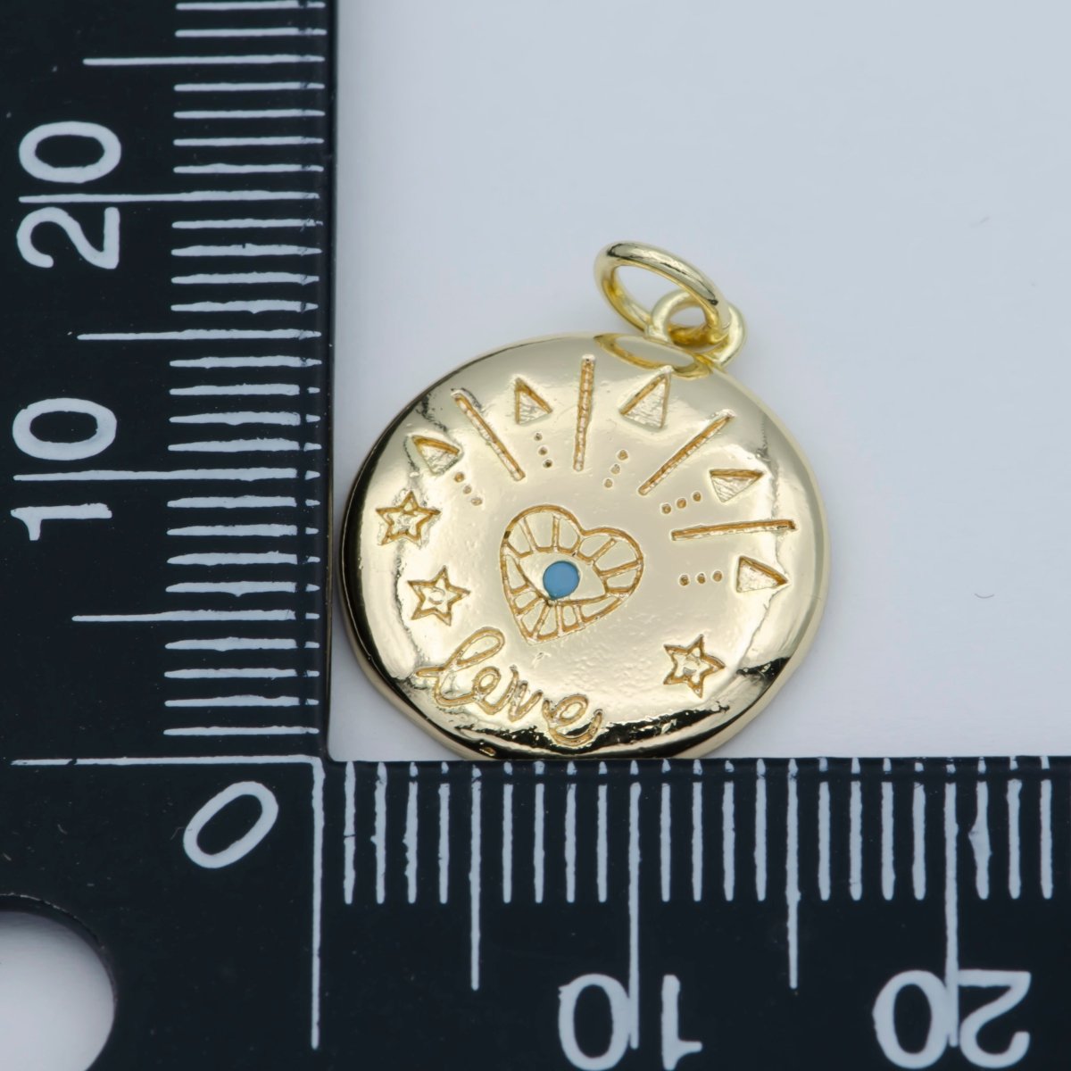 14k Gold FIlled Heart Charm - Love Amulet medallion - Coin Disc charm - Blue Evil Eye pendant for Necklace Bracelet Earring Charm M-358 - DLUXCA