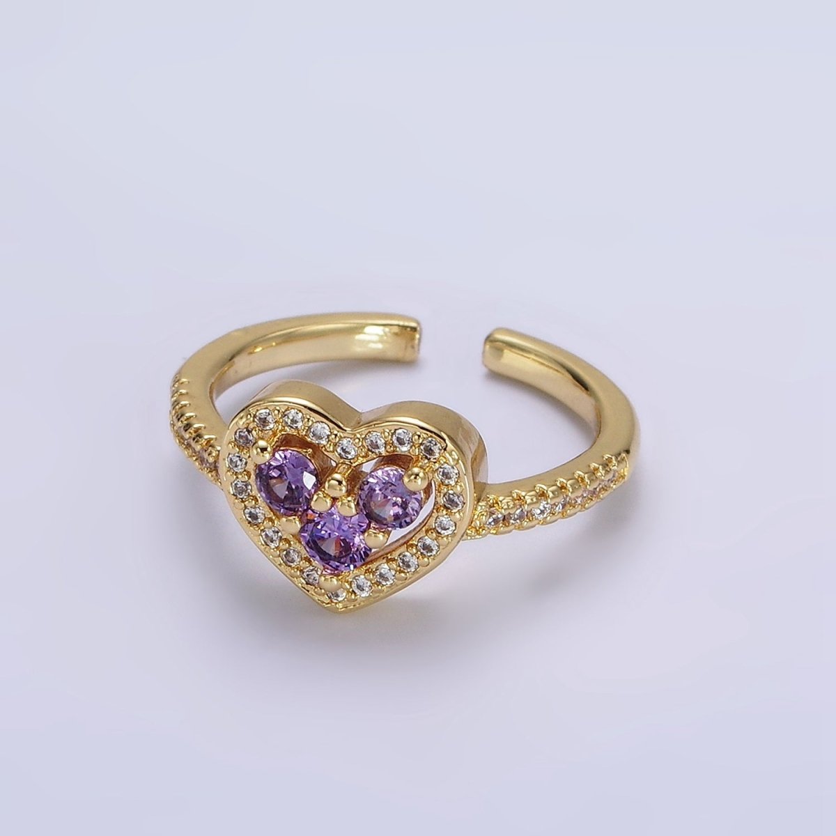 14K Gold Filled Heart Clear, Green, Fuchsia, Purple Micro Paved CZ Ring | O-575 ~ O-578 - DLUXCA