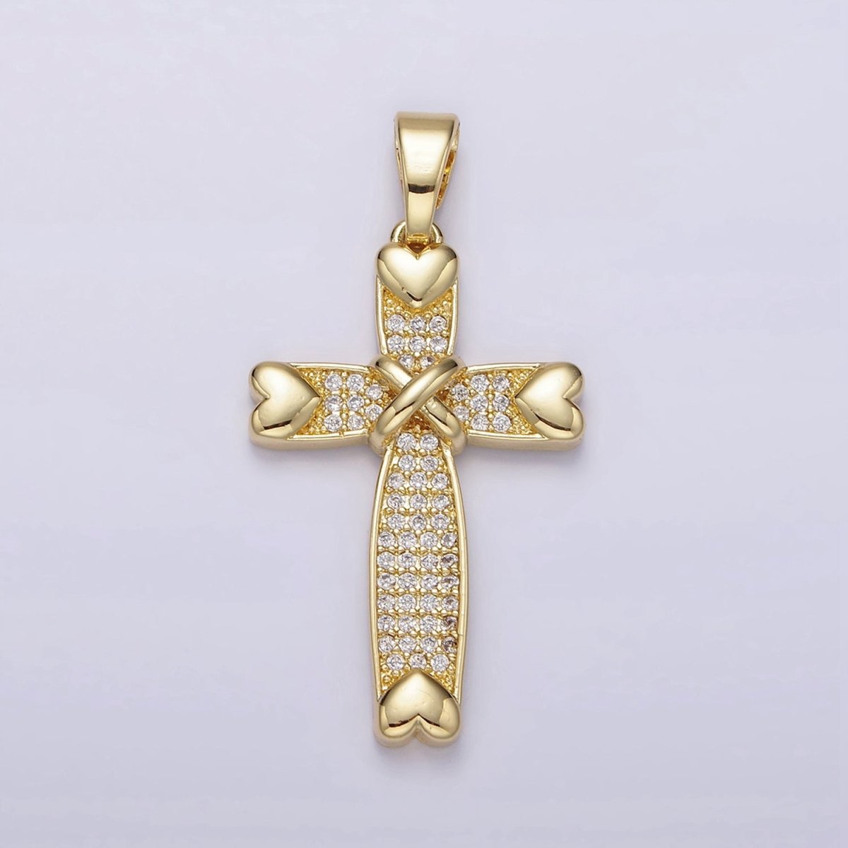 14K Gold Filled Heart Clear Micro Paved CZ Tied Religious Cross Pendant | N1280 - DLUXCA