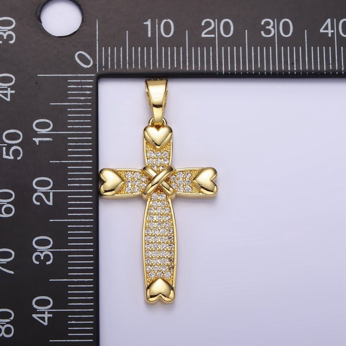 14K Gold Filled Heart Clear Micro Paved CZ Tied Religious Cross Pendant | N1280 - DLUXCA