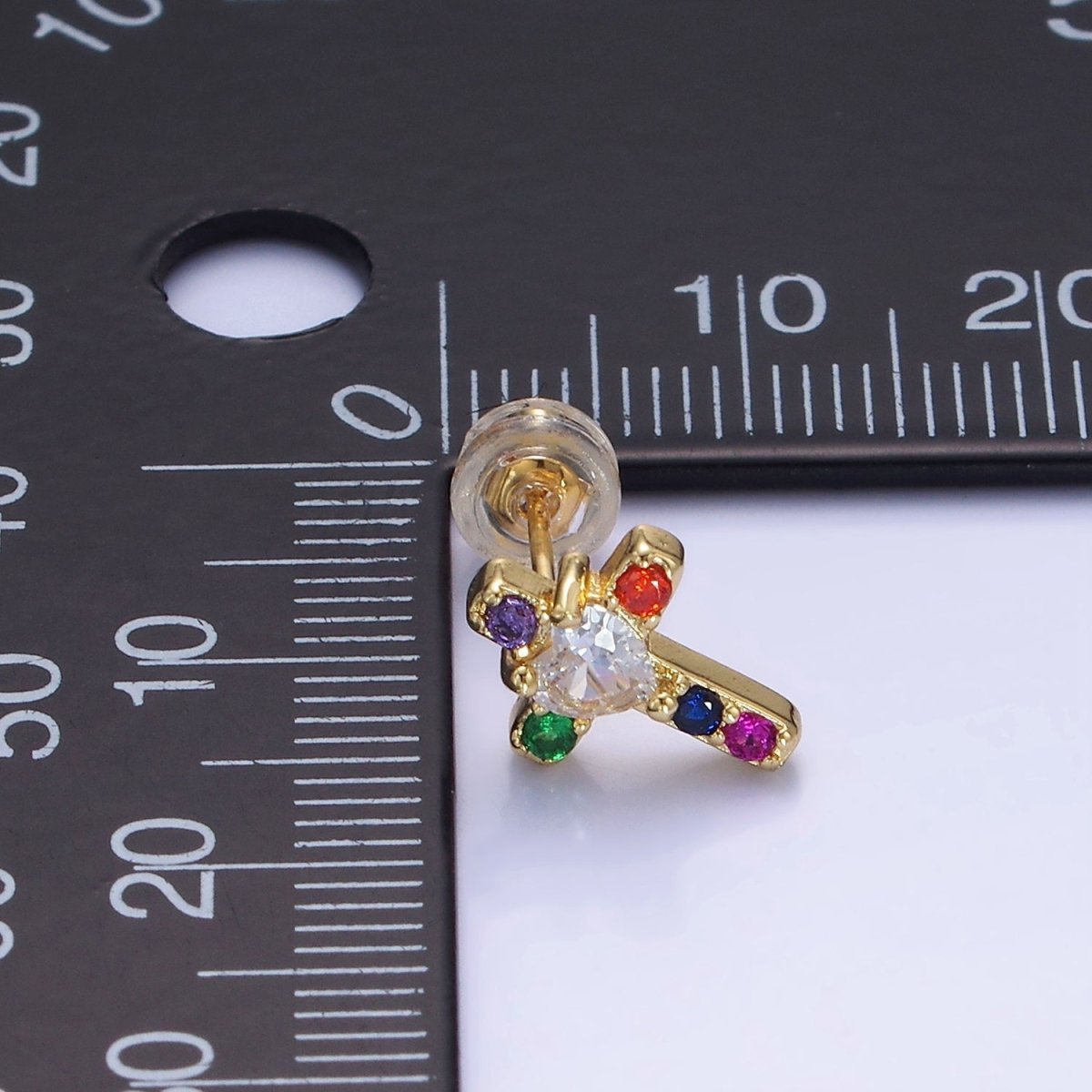 14K Gold Filled Heart CZ Multicolor Religious Cross Stud Earrings in Gold & Silver | AB1311 AB1312 - DLUXCA
