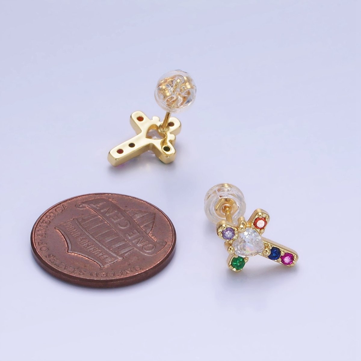 14K Gold Filled Heart CZ Multicolor Religious Cross Stud Earrings in Gold & Silver | AB1311 AB1312 - DLUXCA
