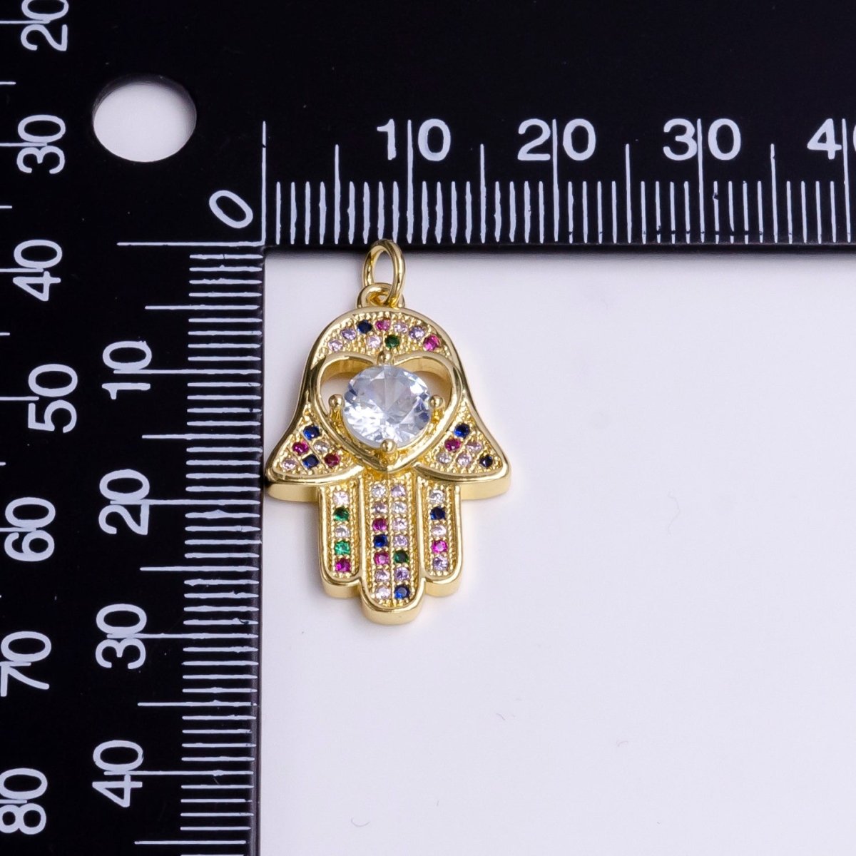 14K Gold Filled Heart Hamsa Hand Multicolor Micro Paved CZ Charm | AC1415 - DLUXCA
