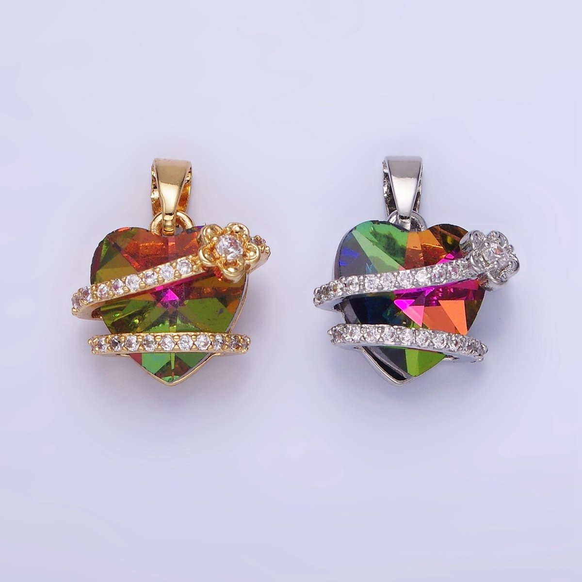 14K Gold Filled Heart Multicolor Micro Paved CZ Band Flower Pendant in Gold & Silver | AA1159 - DLUXCA