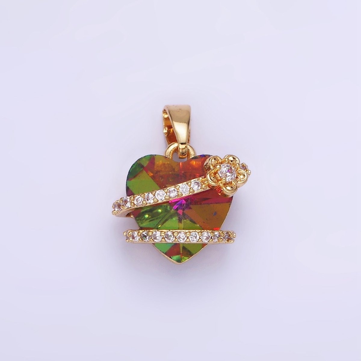 14K Gold Filled Heart Multicolor Micro Paved CZ Band Flower Pendant in Gold & Silver | AA1159 - DLUXCA