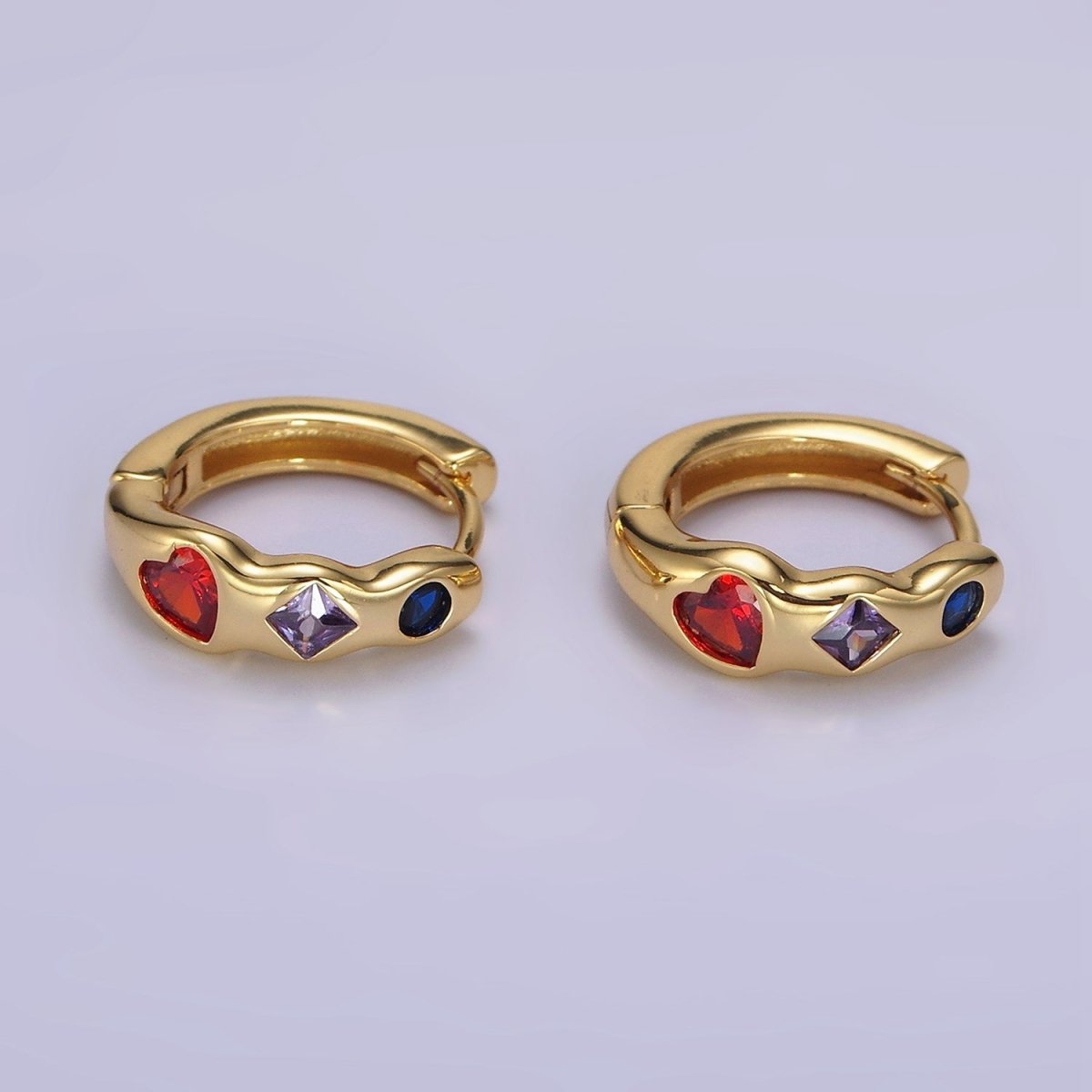 14K Gold Filled Heart Rhombus Round Multicolor CZ Wavy 15mm Huggie Earrings | AE113 - DLUXCA