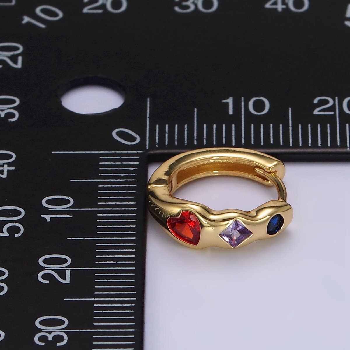 14K Gold Filled Heart Rhombus Round Multicolor CZ Wavy 15mm Huggie Earrings | AE113 - DLUXCA