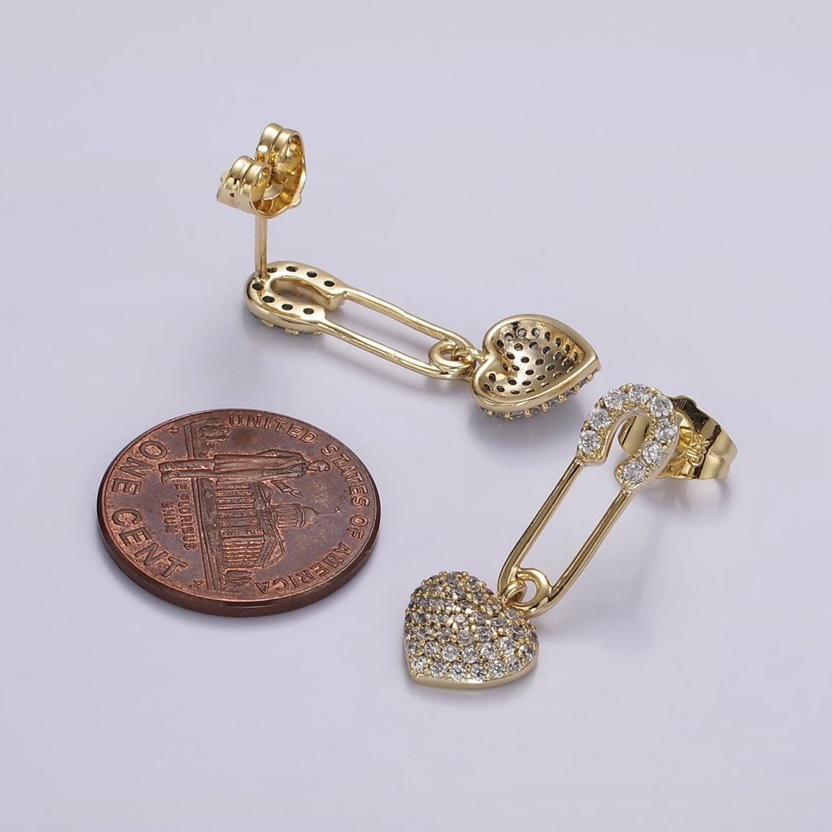 14K Gold Filled Heart Safety Pin Micro Paved CZ Drop Stud Earrings | AE409 - DLUXCA