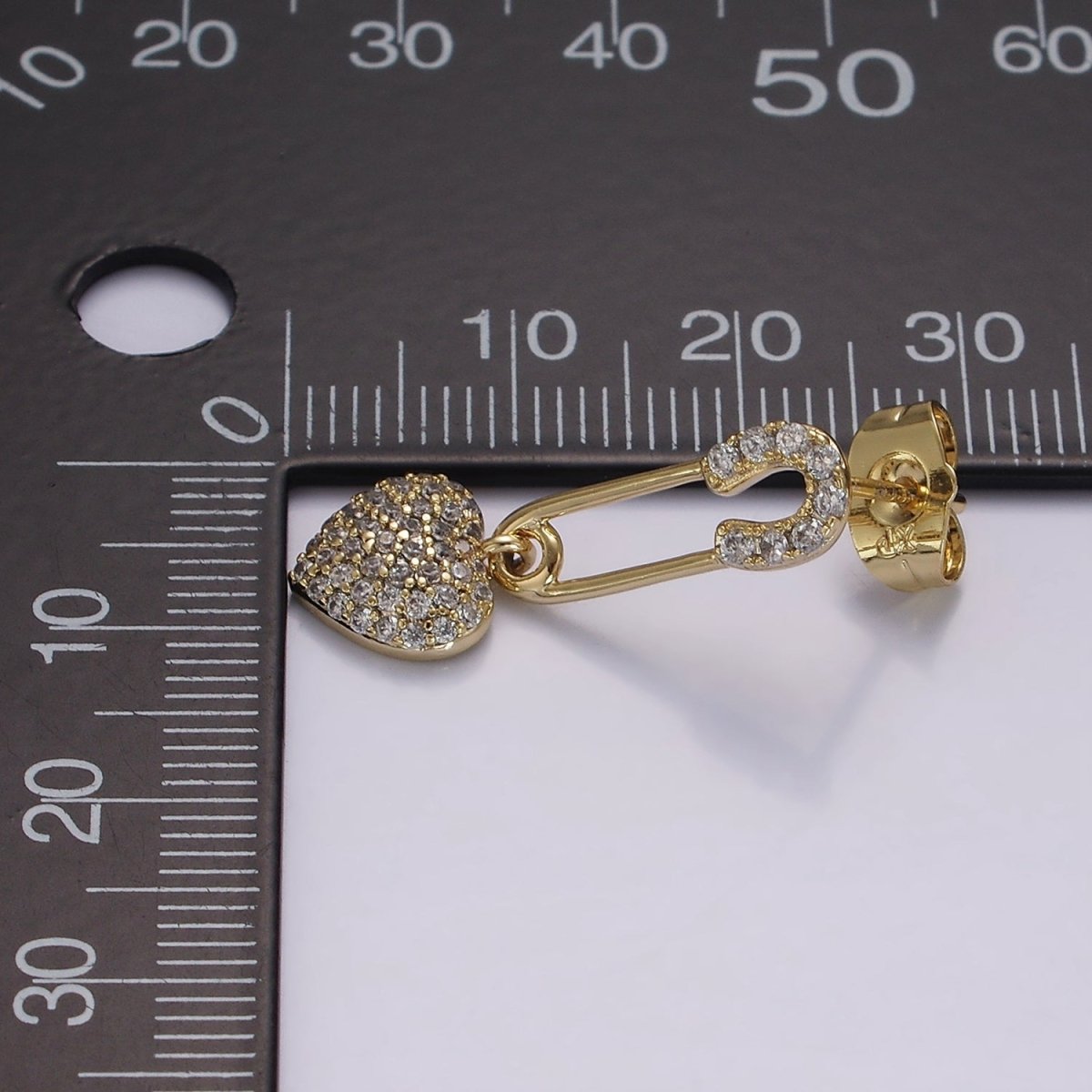 14K Gold Filled Heart Safety Pin Micro Paved CZ Drop Stud Earrings | AE409 - DLUXCA