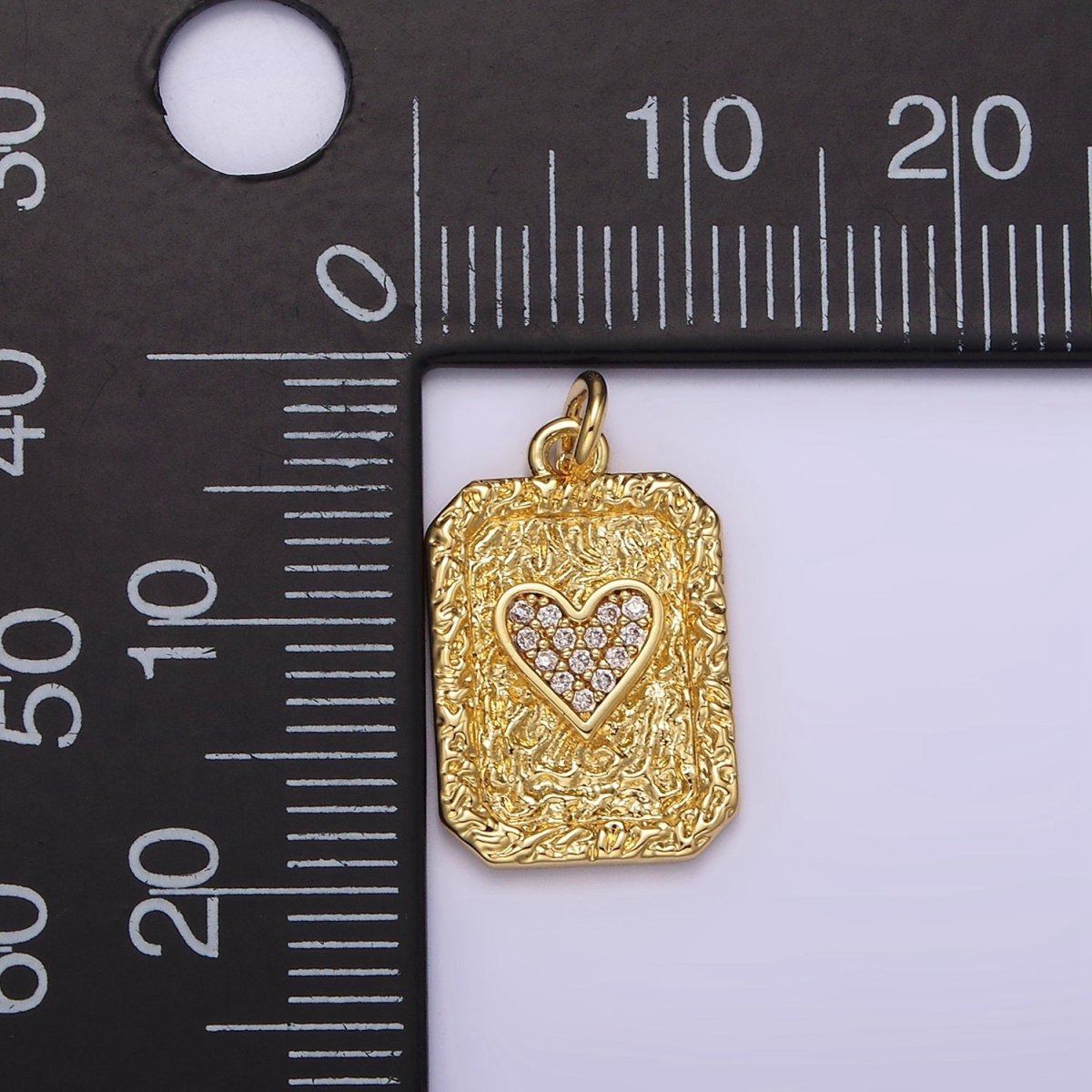 14K Gold Filled Hearts Card Micro Paved CZ Hammered Rectangular Tag Charm | AG259 - DLUXCA