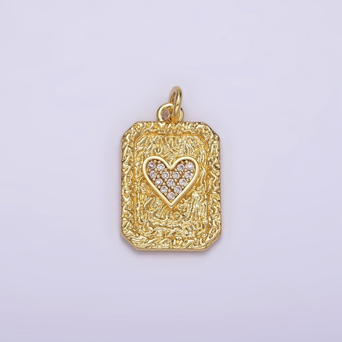 14K Gold Filled Hearts Card Micro Paved CZ Hammered Rectangular Tag Charm | AG259 - DLUXCA