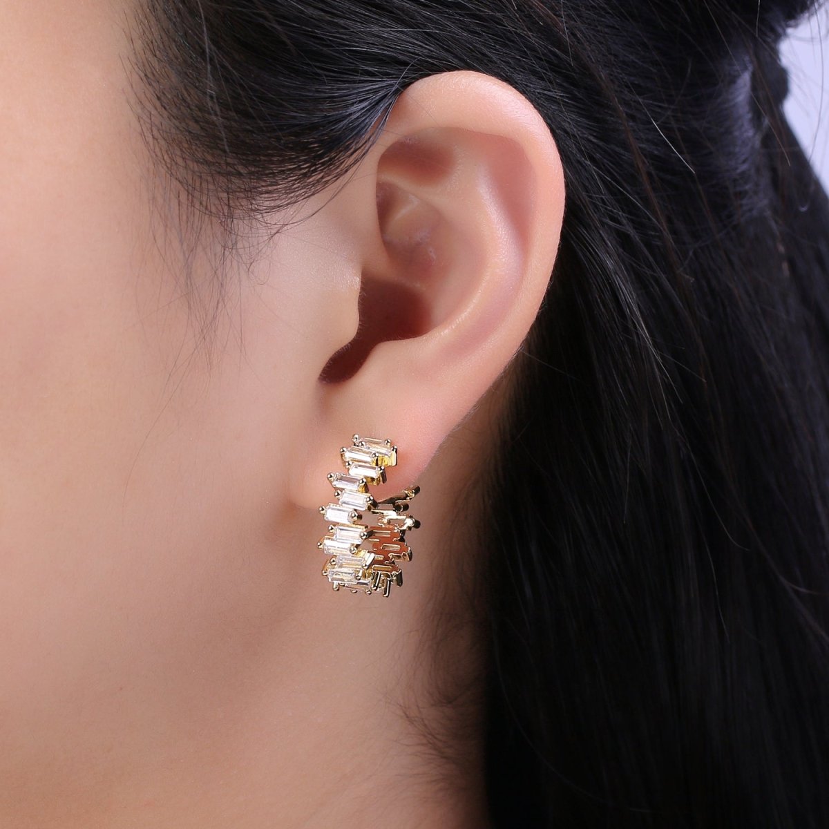 14k Gold Filled Hoop Earrings Baguette Hoop Earrings Chunky Earring CZ Diamond Earrings Statement Earrings Hoop Bold Earrings T-360 - DLUXCA