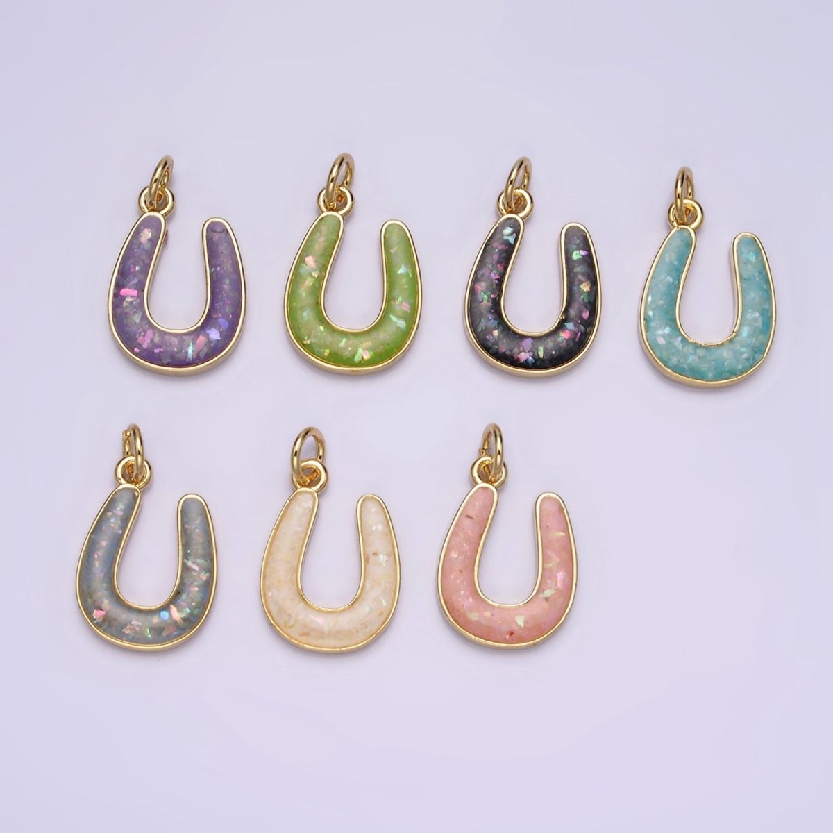 14K Gold Filled Horseshoe Green, Pink, Blue, Black, Purple, White, Grey Opal Enamel Charm Lucky Pendant | N1000 - N1006 - DLUXCA