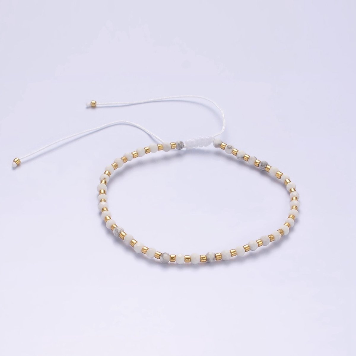 14K Gold Filled Howlite Multifaceted White Cotton String Slider Bracelet | WA-2010 - WA-2012 Clearance Pricing - DLUXCA