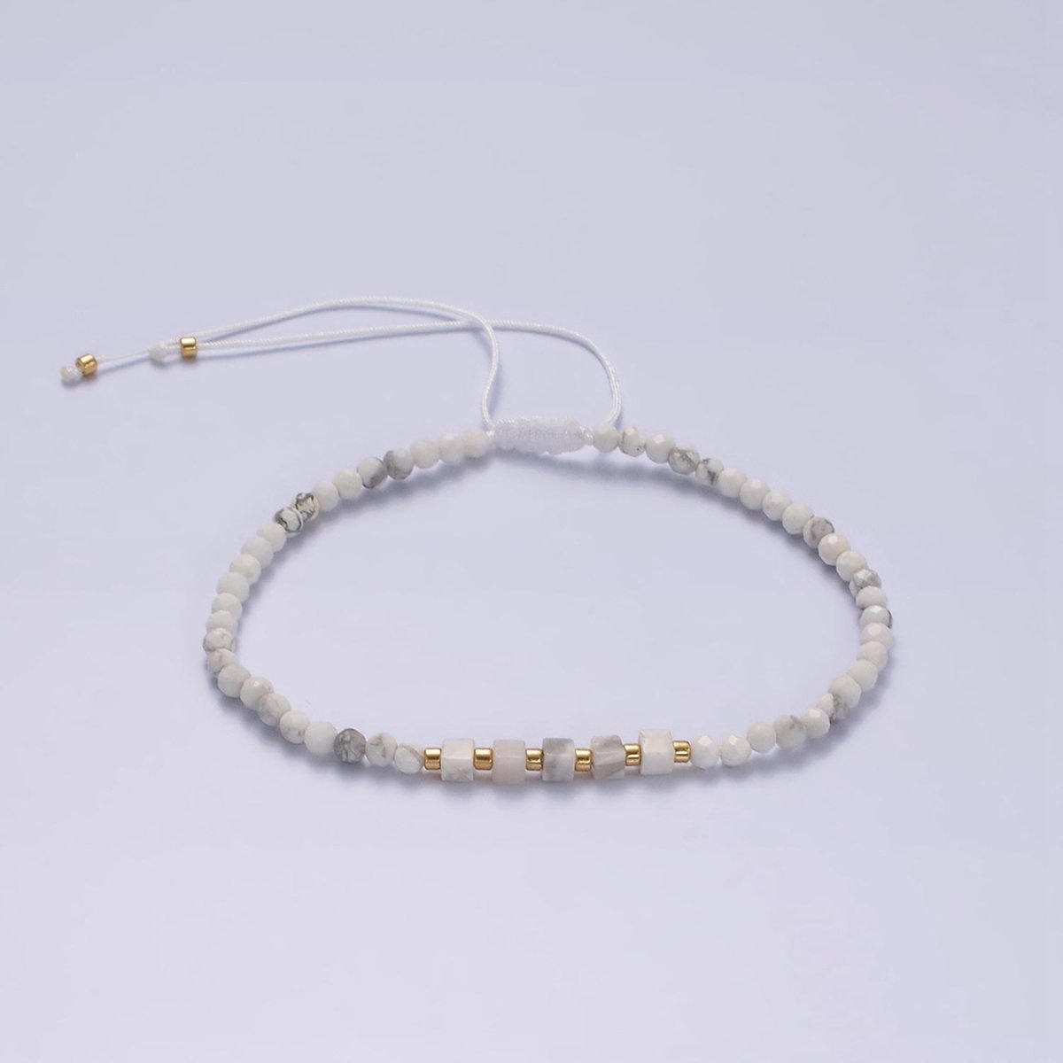 14K Gold Filled Howlite Multifaceted White Cotton String Slider Bracelet | WA-2010 - WA-2012 Clearance Pricing - DLUXCA