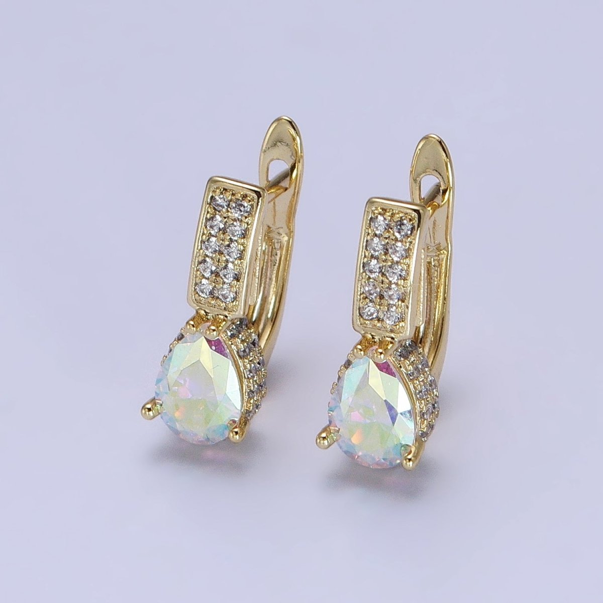 14K Gold Filled Iridescent AB Teardrop Clear Micro Paved CZ English Lock Earrings | AB325 - DLUXCA