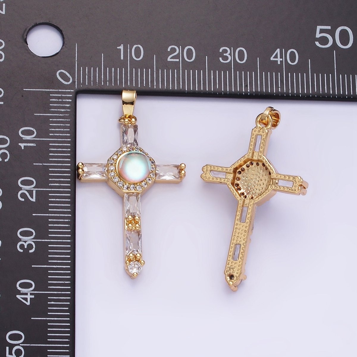 14K Gold Filled Iridescent CZ Micro Paved Baguette Lined Cross Pendant | AA1178 - DLUXCA