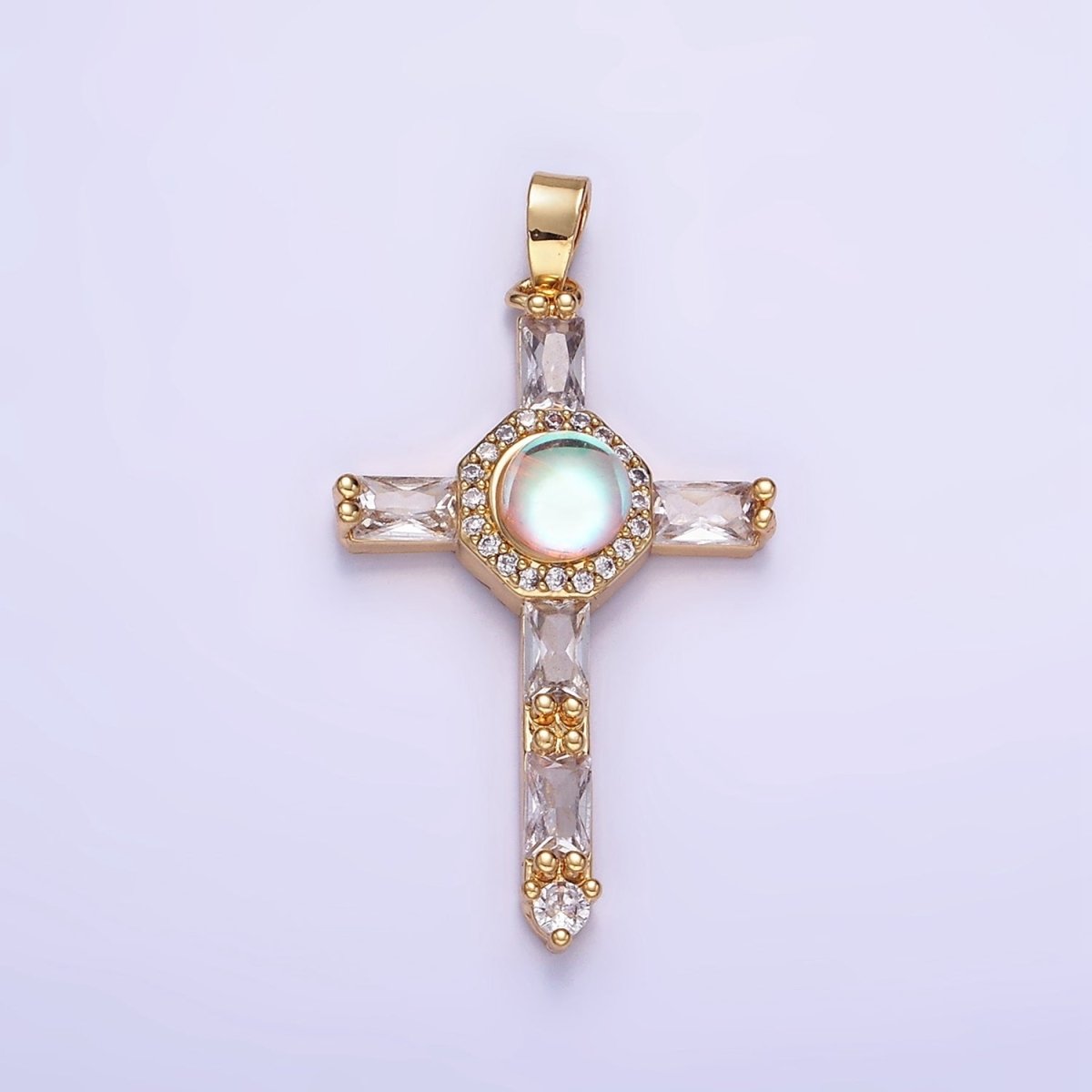 14K Gold Filled Iridescent CZ Micro Paved Baguette Lined Cross Pendant | AA1178 - DLUXCA