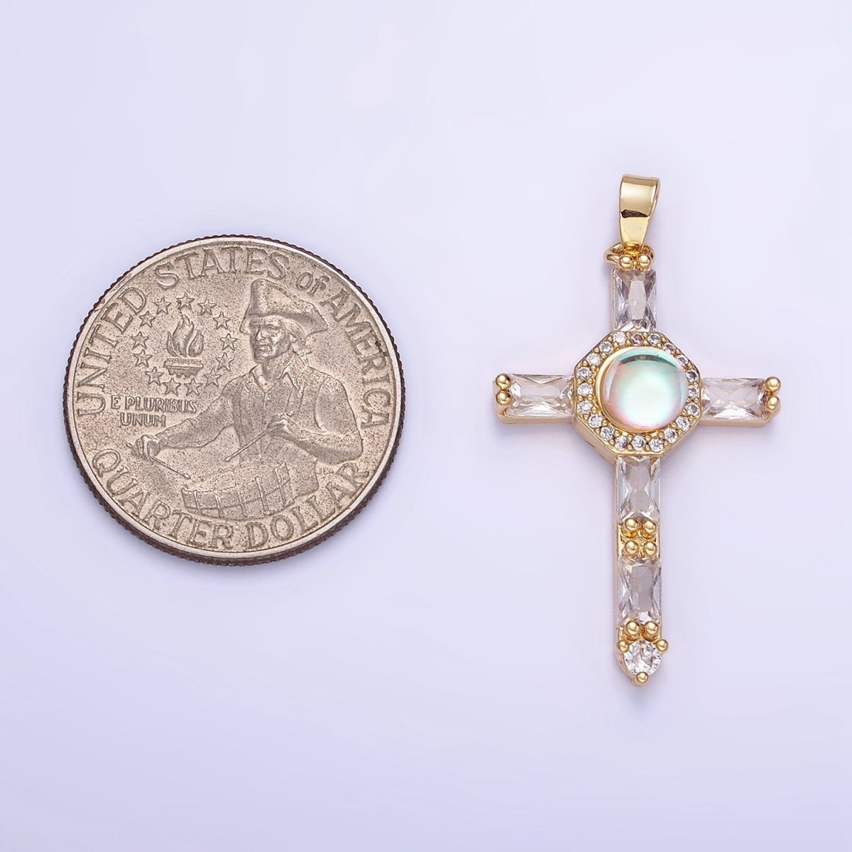 14K Gold Filled Iridescent CZ Micro Paved Baguette Lined Cross Pendant | AA1178 - DLUXCA