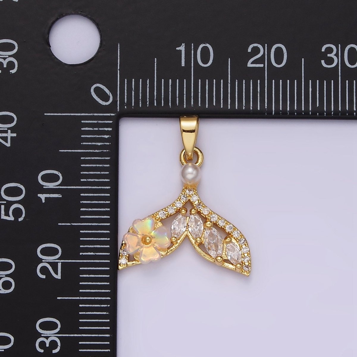 14K Gold Filled Iridescent Flower Marquise Micro Paved CZ Whale Tail Pearl Mermaid Tail Charm Pendant | N-1823 - DLUXCA