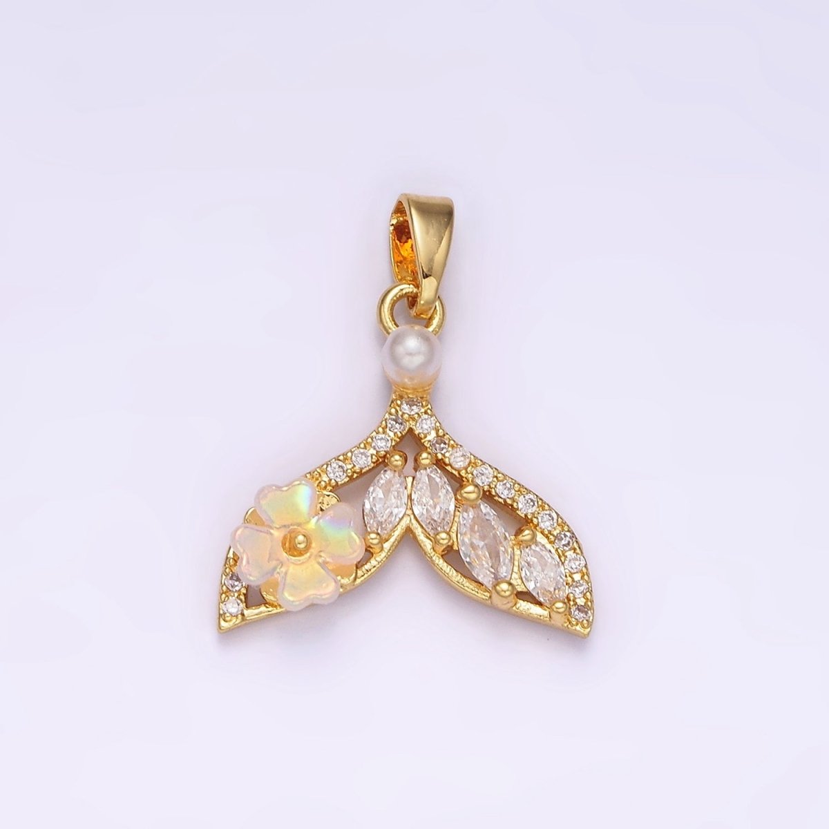 14K Gold Filled Iridescent Flower Marquise Micro Paved CZ Whale Tail Pearl Mermaid Tail Charm Pendant | N-1823 - DLUXCA