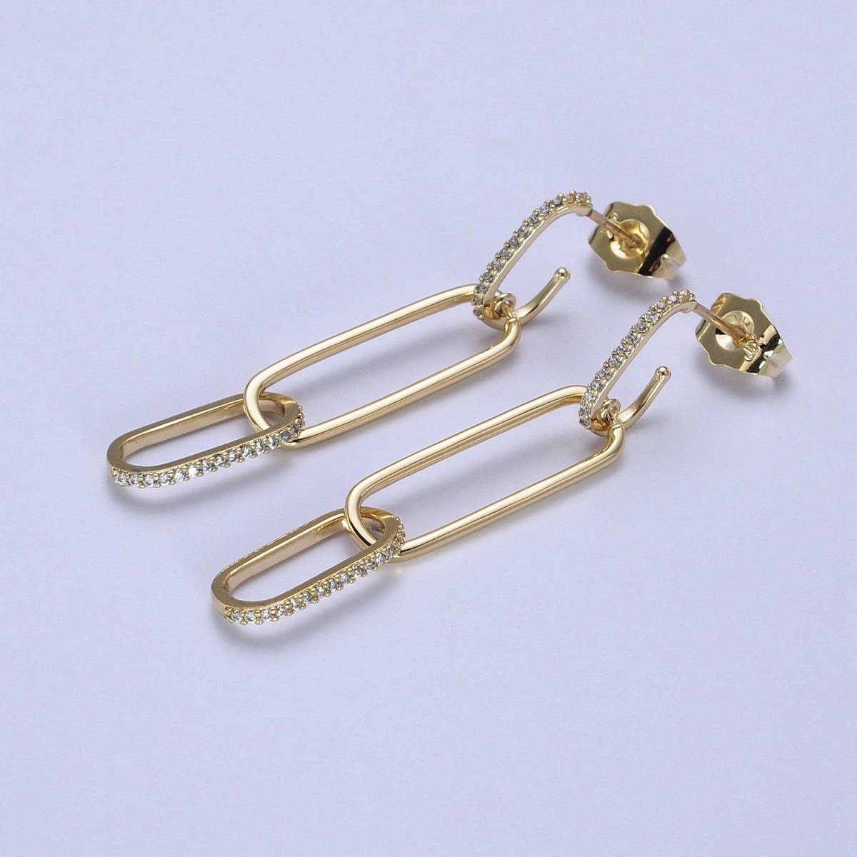 14K Gold Filled J-Shaped Micro Paved CZ Paper Clip Drop Dangle Earrings | AB317 - DLUXCA