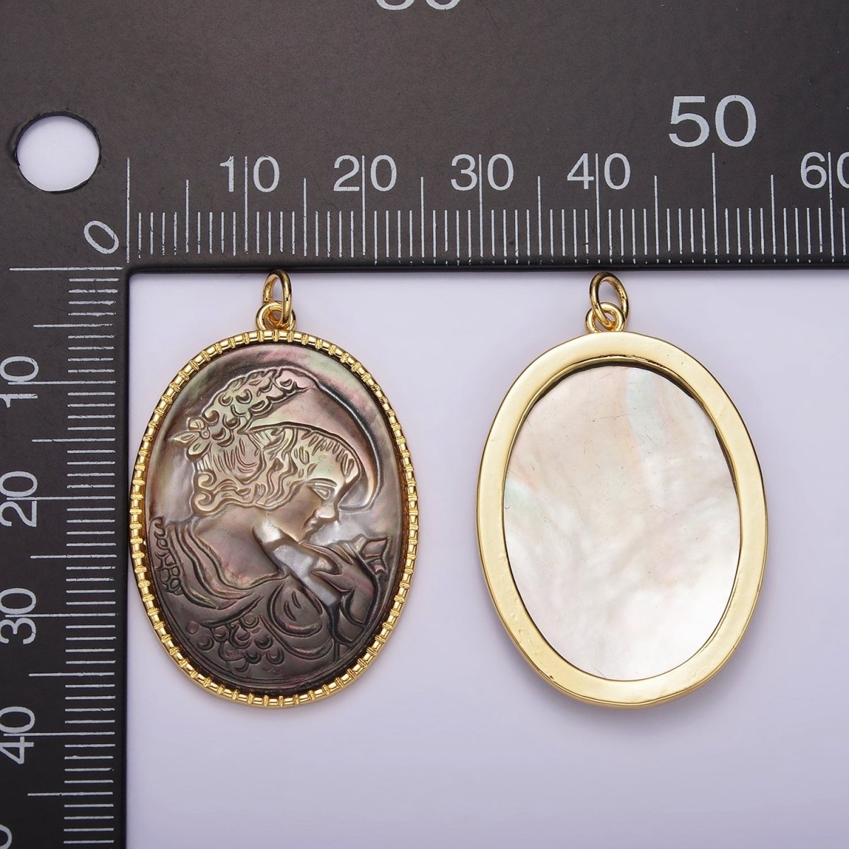 14K Gold Filled Knight Portrait Cameo Natural Abalone Pearl Bezel Oval Charm | AG516 - DLUXCA