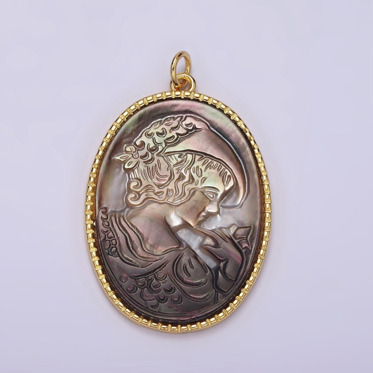 14K Gold Filled Knight Portrait Cameo Natural Abalone Pearl Bezel Oval Charm | AG516 - DLUXCA