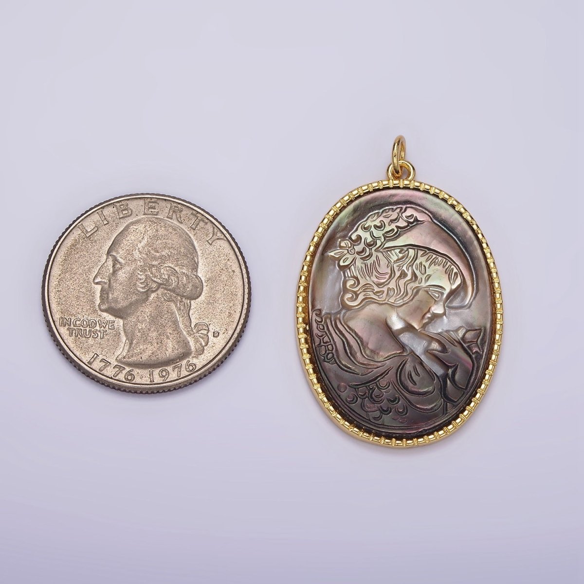 14K Gold Filled Knight Portrait Cameo Natural Abalone Pearl Bezel Oval Charm | AG516 - DLUXCA