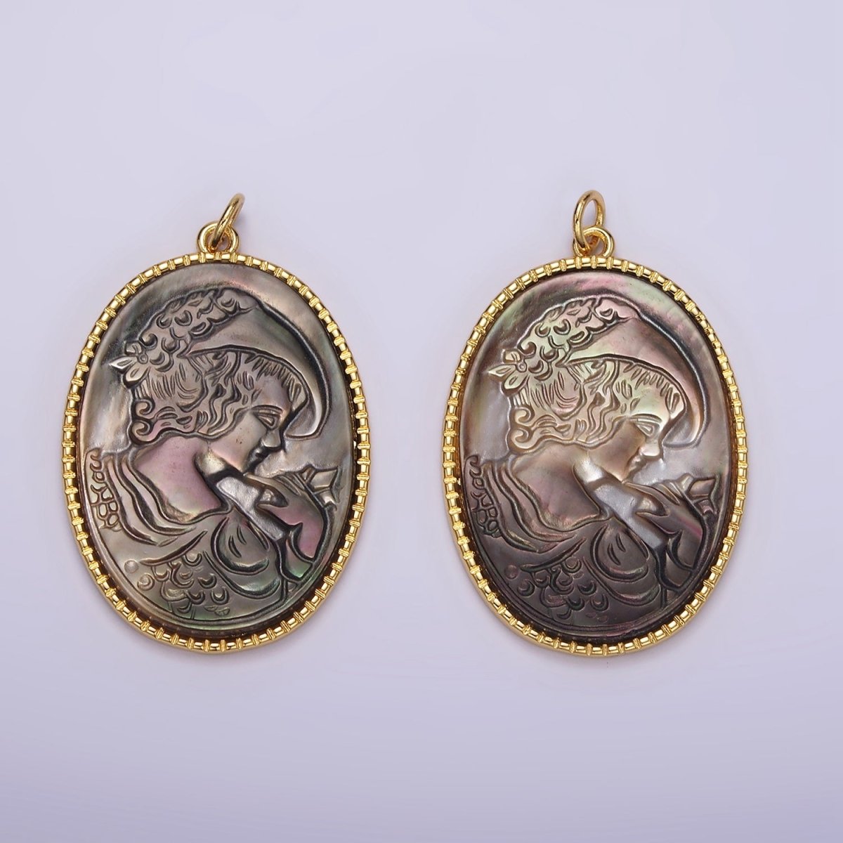 14K Gold Filled Knight Portrait Cameo Natural Abalone Pearl Bezel Oval Charm | AG516 - DLUXCA