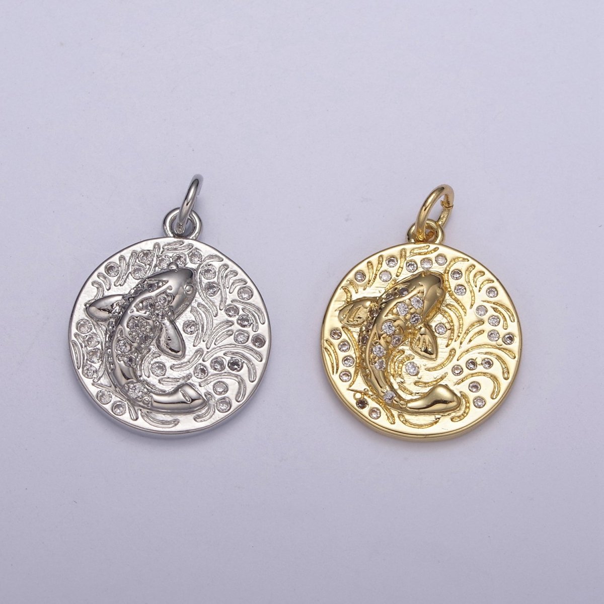 14K Gold Filled koi fish charm pendant Japanese koi carp disc Coin charm-Component supply Animal Jewelry N-254 N-255 - DLUXCA